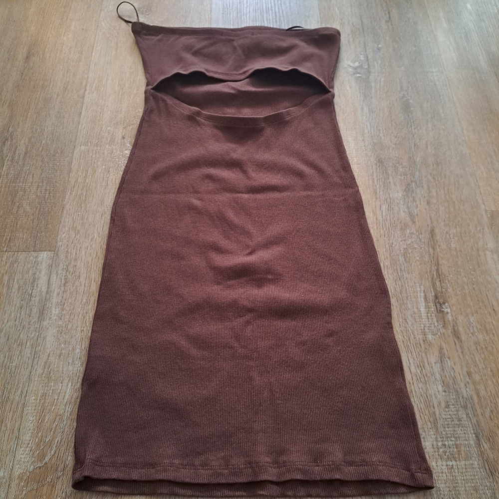 Ambiance Brown Tube Top Mini Stretch Top Dress Peekaboo Front Women Size Small